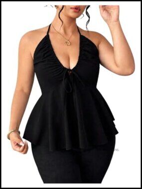 Plus Size Halter Peplum Top Sleeveless Backless Camisole Blouse